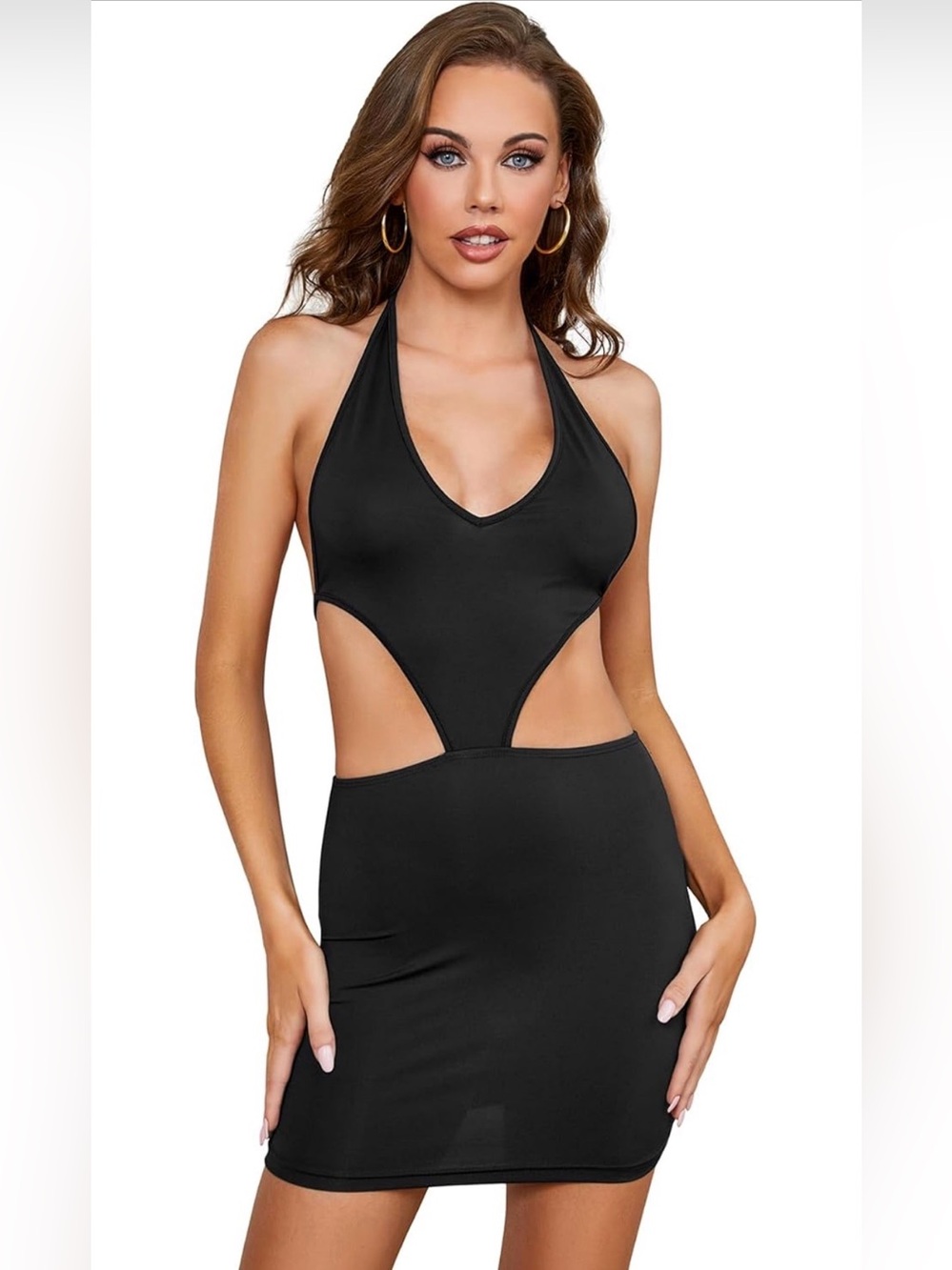Women's Halter Backless Cut Out Tie Back Sleeveless Bodycon Mini Dress M